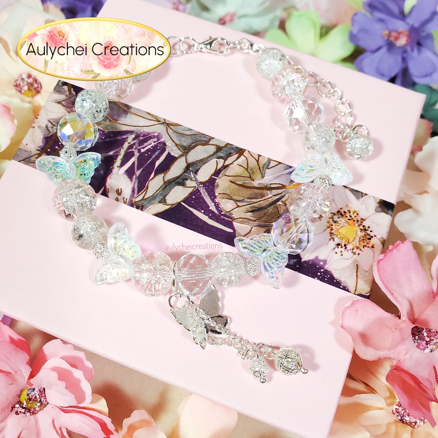 Clear Butterfly Crackle Glass Beaded Clasp Bracelet