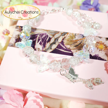 Clear Butterfly Crackle Glass Beaded Clasp Bracelet