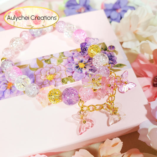 Purple Butterfly Crackle Glass Beaded Bracelet
