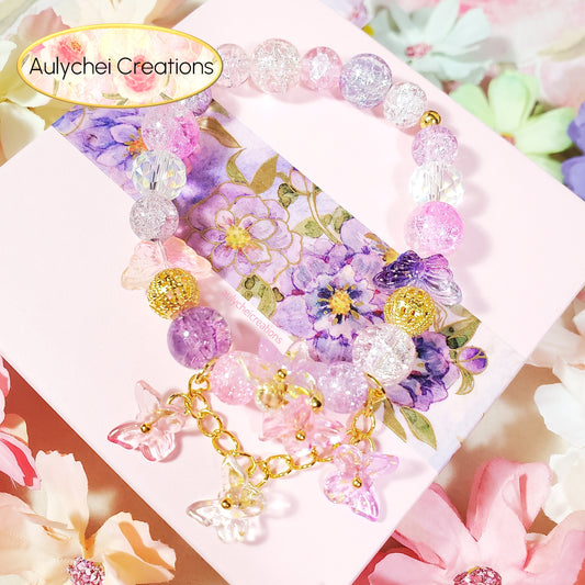 Purple Butterfly Crackle Glass Beaded Bracelet