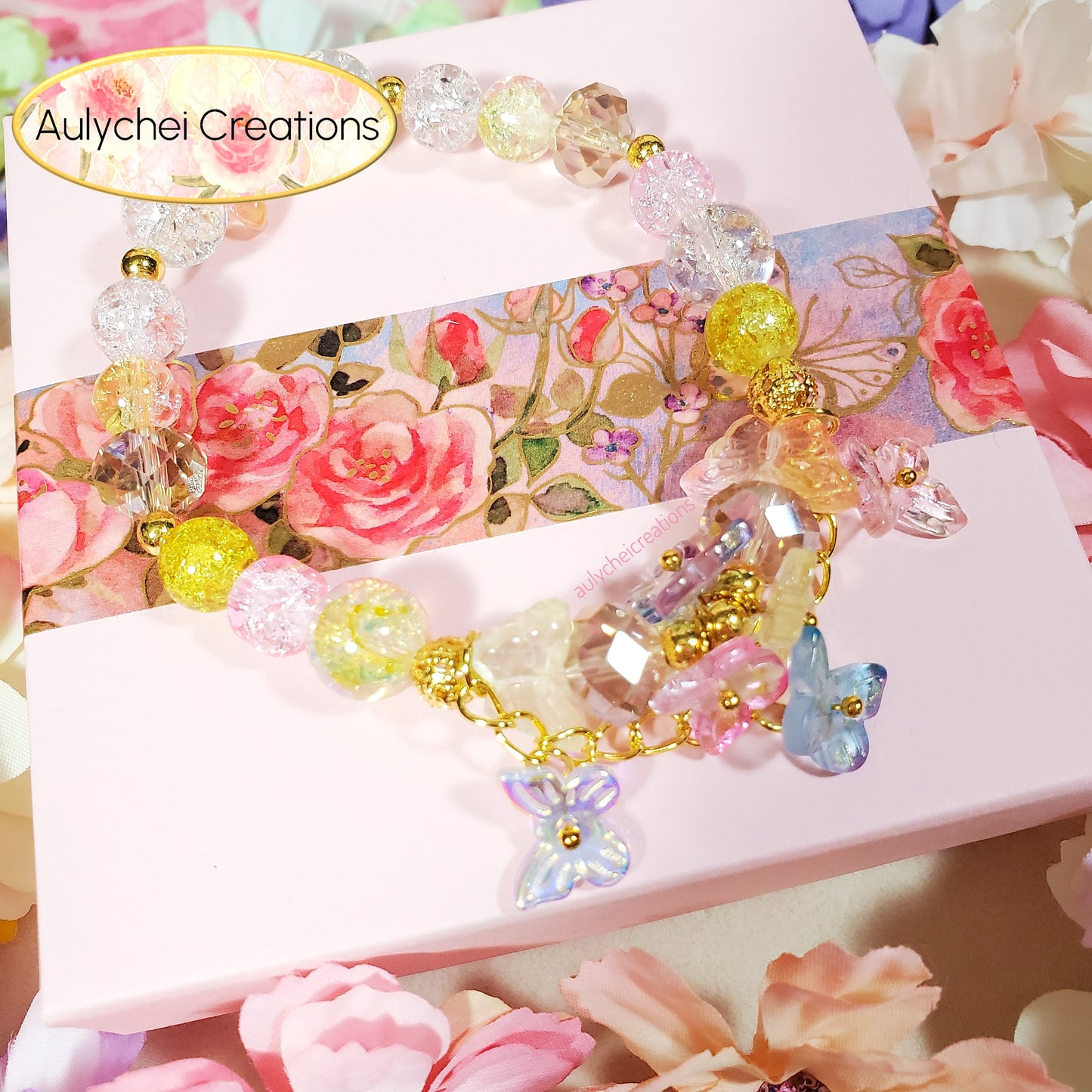 Yellow Butterfly Crackle Glass Beaded Bracelet