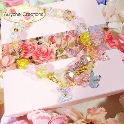 Yellow Butterfly Crackle Glass Beaded Bracelet