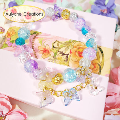 Blue Butterfly Crackle Glass Beaded Bracelet