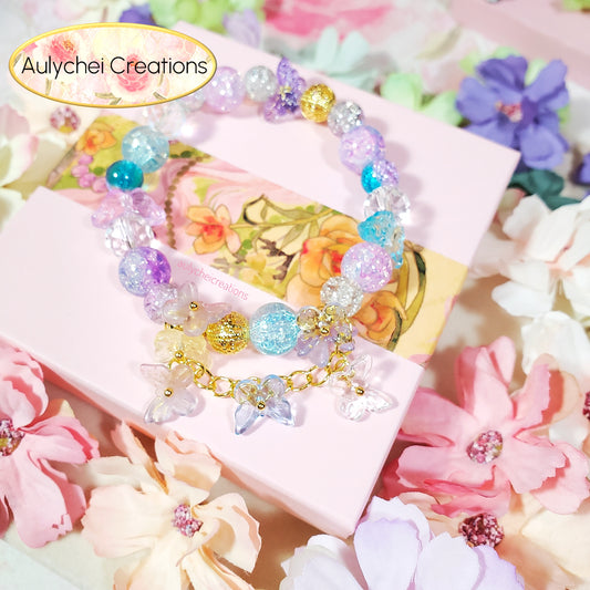 Blue Butterfly Crackle Glass Beaded Bracelet