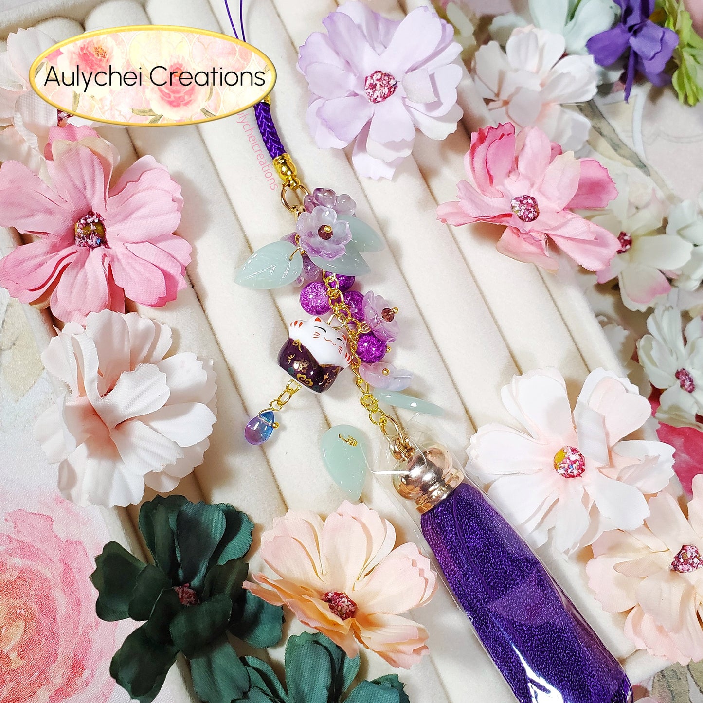 Purple Cat Glass Flower Bead Tassel Lanyard