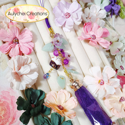 Purple Cat Glass Flower Bead Tassel Lanyard