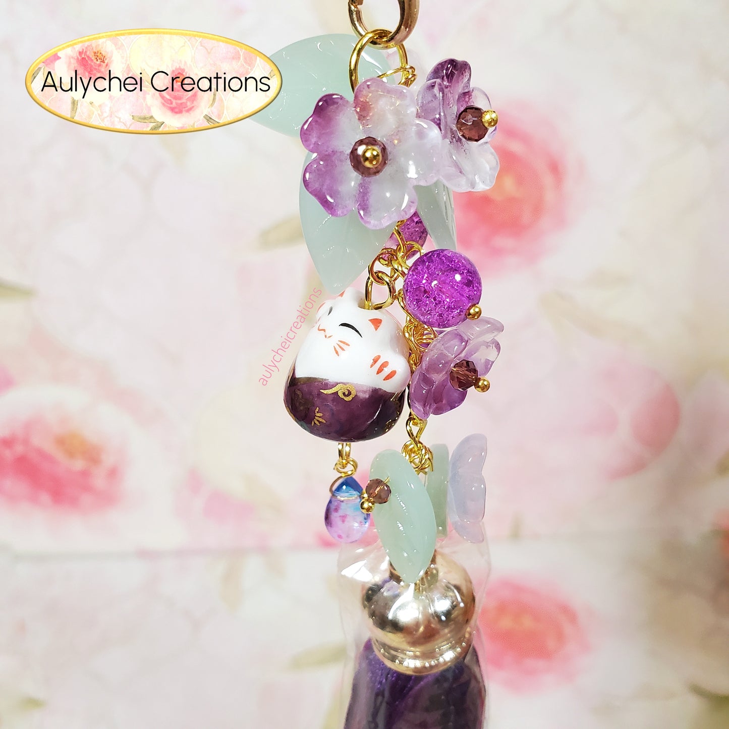 Purple Cat Glass Flower Bead Tassel Lanyard