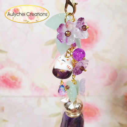 Purple Cat Glass Flower Bead Tassel Lanyard