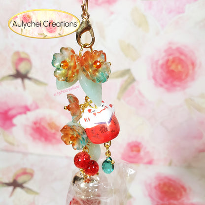 Red Orange Cat Glass Flower Bead Tassel Lanyard