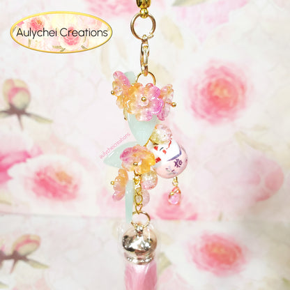 Pink Cat Glass Flower Bead Tassel Lanyard