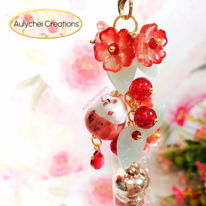 Red Cat Glass Flower Bead Tassel Lanyard