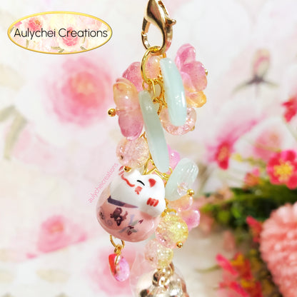 Pink Cat Glass Flower Bead Tassel Lanyard