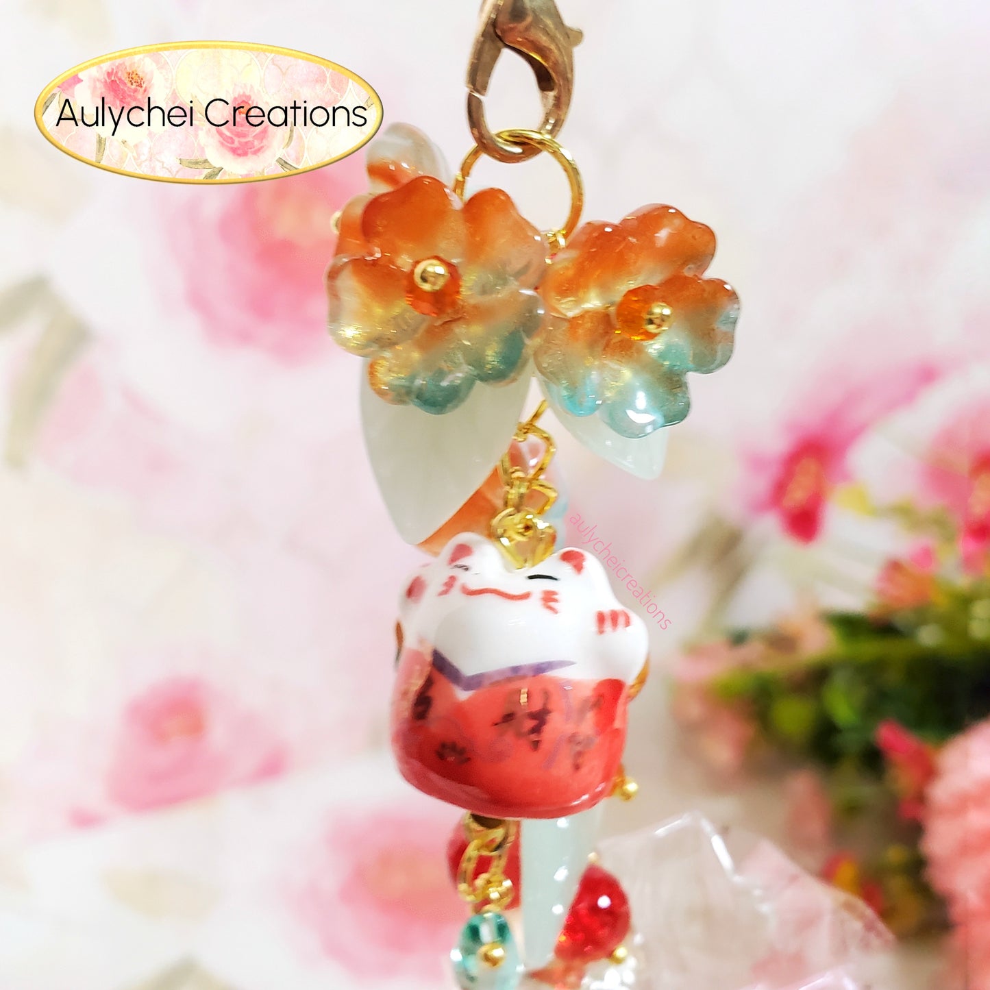 Red Orange Cat Glass Flower Bead Tassel Lanyard