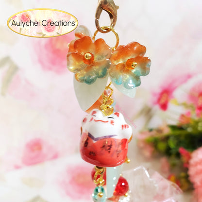 Red Orange Cat Glass Flower Bead Tassel Lanyard