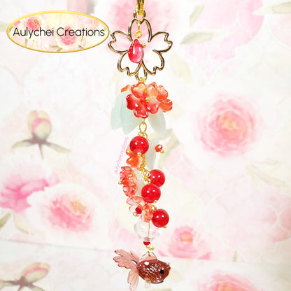 Red 3D Glass Goldfish Flower Lanyard