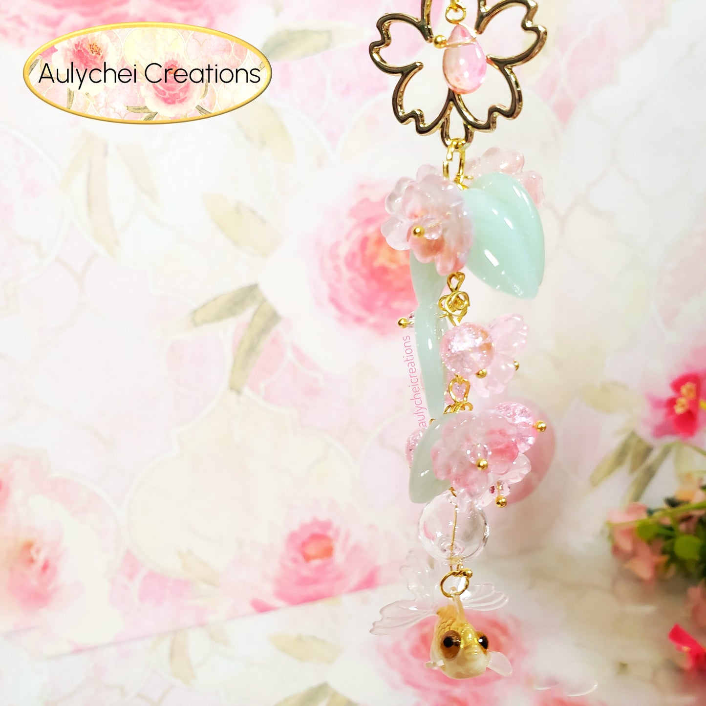 Pink 3D Glass Goldfish Flower Lanyard