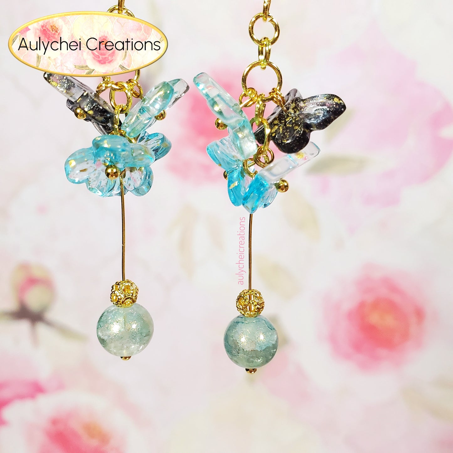 Blue Glass Butterfly Dangle Earrings