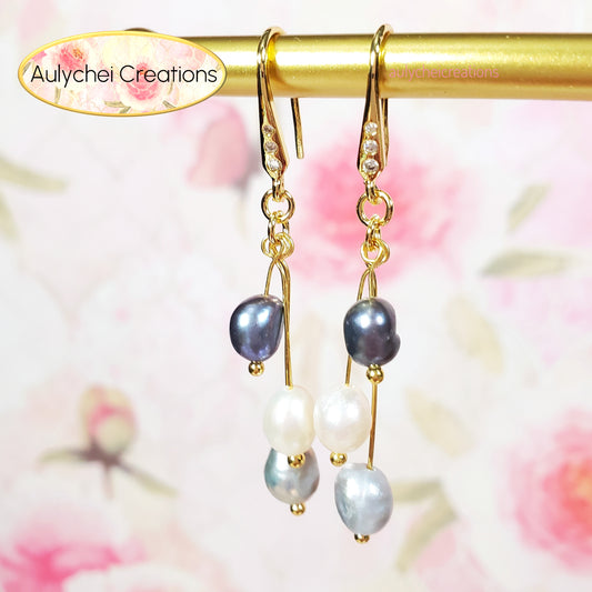 Blue-Silver Freshwater Cultured Pearl Hook Earrings