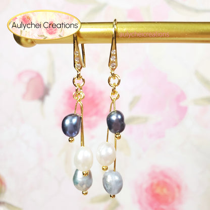 Blue-Silver Freshwater Cultured Pearl Hook Earrings