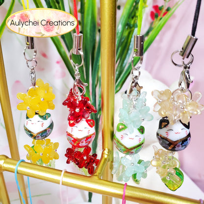 Blue Osmanthus Cat Flower Bead Keychain