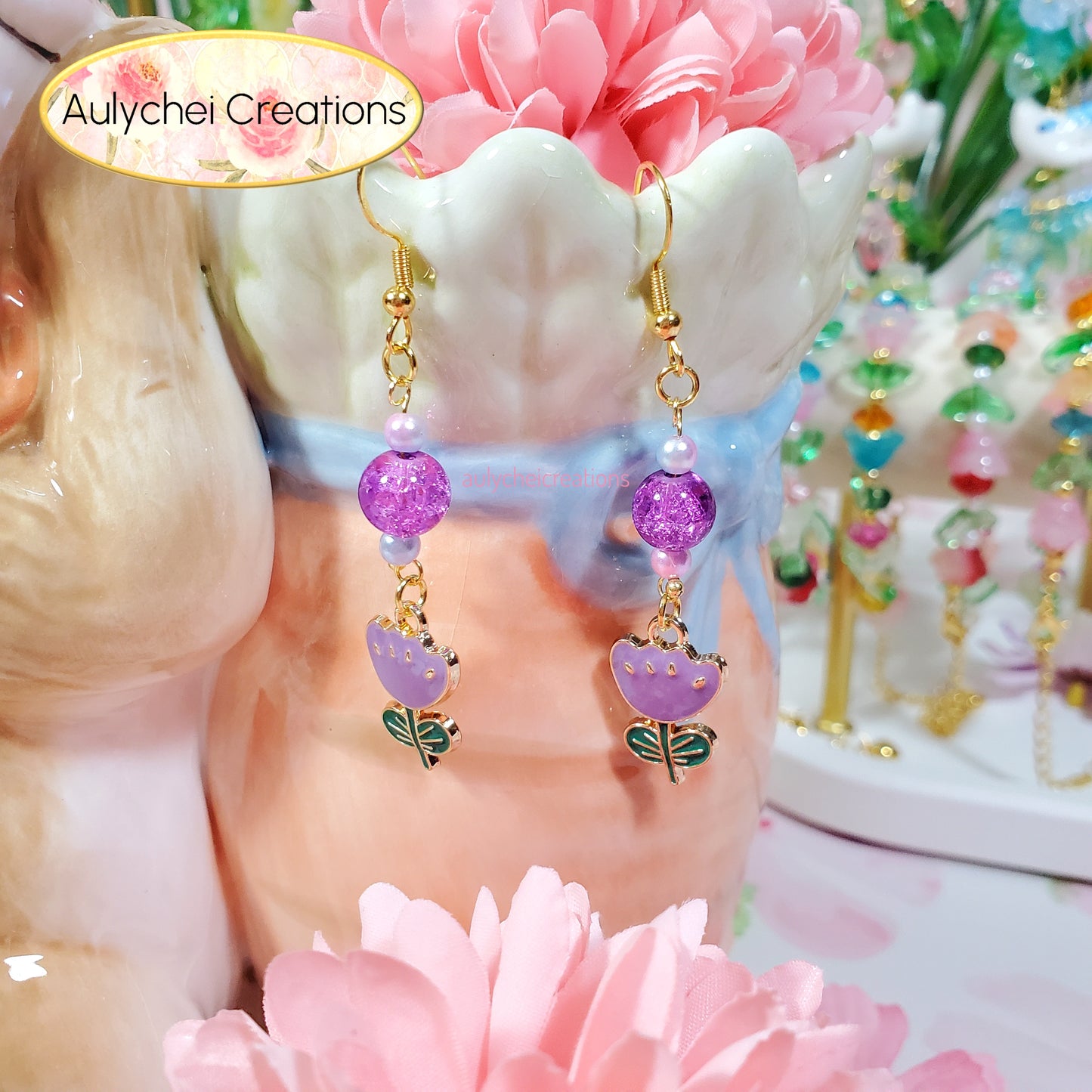 Purple Tulip Enamel Flower Earrings