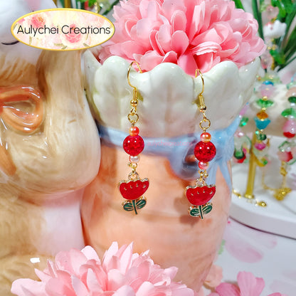 Red Tulip Enamel Flower Earrings