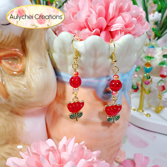Red Tulip Enamel Flower Earrings