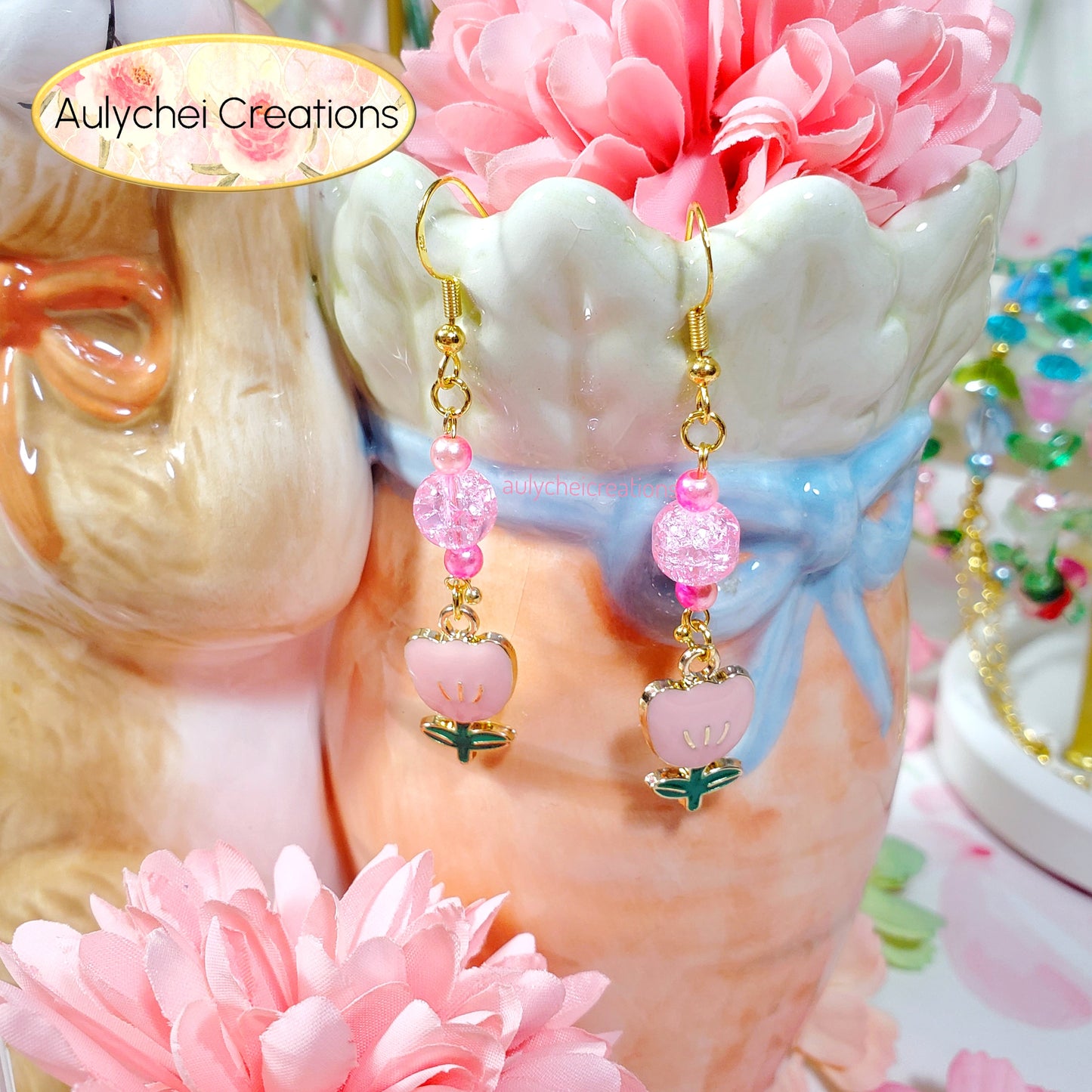 Pink Tulip Enamel Flower Earrings