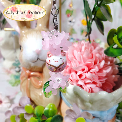 Pink Osmanthus Cat Flower Bead Keychain