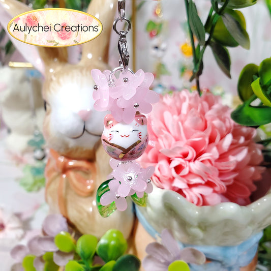 Pink Osmanthus Cat Flower Bead Keychain
