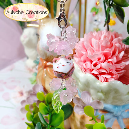 Pink Lily Cat Flower Bead Keychain