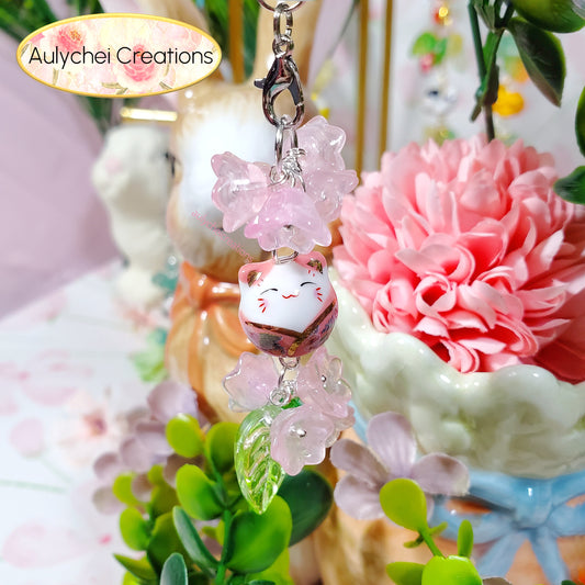 Pink Lily Cat Flower Bead Keychain
