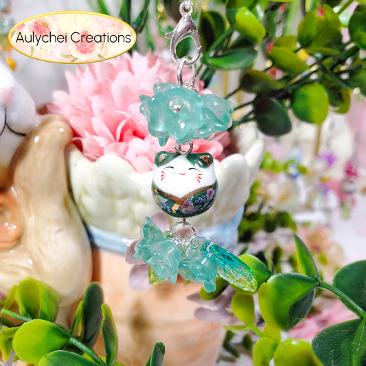 Teal Lily Cat Flower Bead Keychain