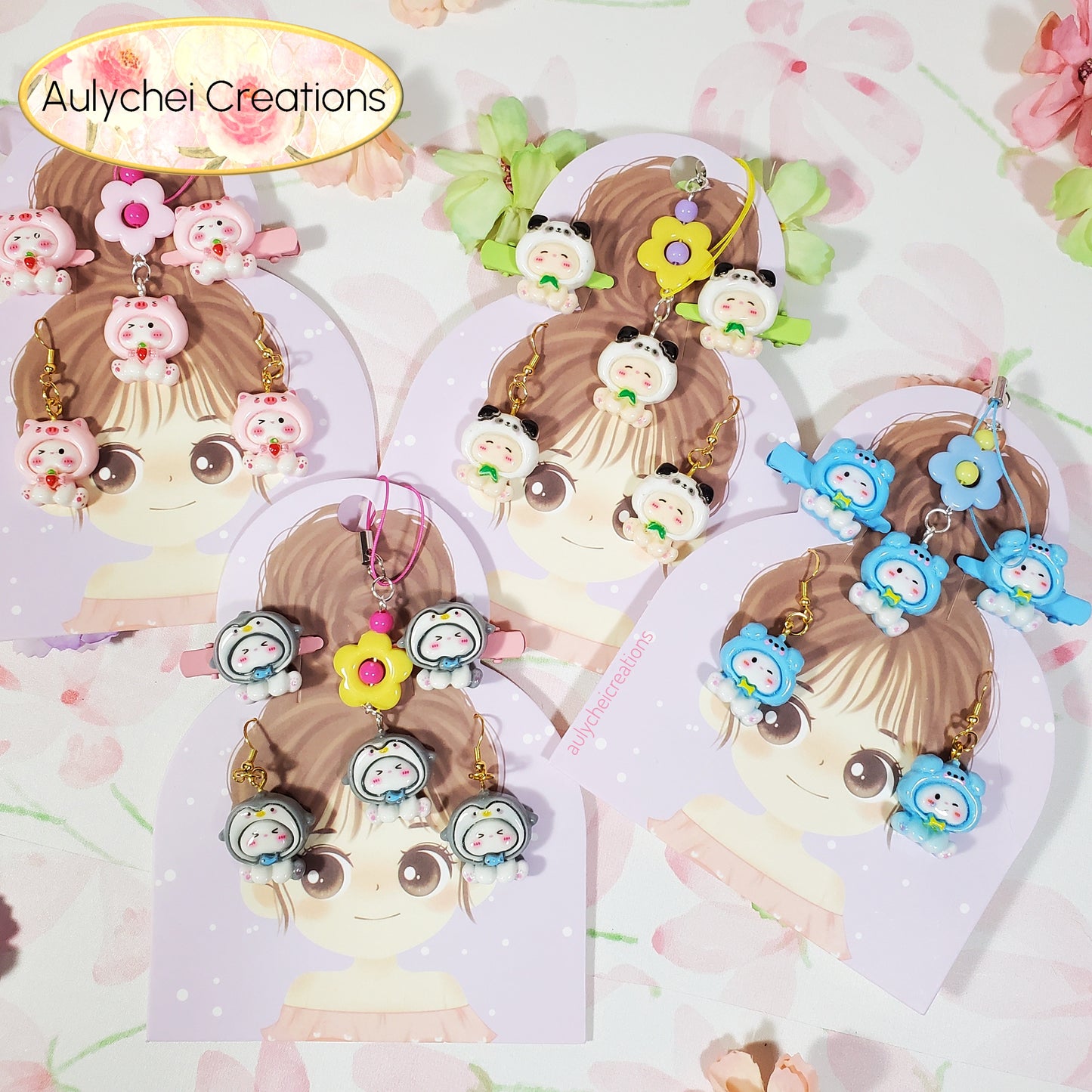 Aulychei All Girls Accessories Party Pack C - Cute Blue Animal Hair Clips, Keychain, Earrings