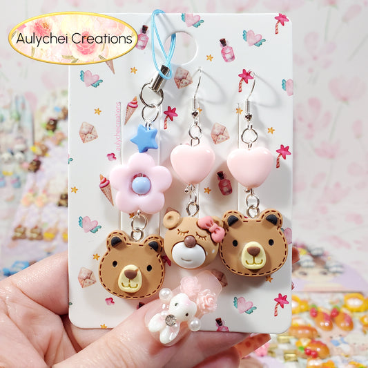 Aulychei Cutie Accessories Party Pack - Cute Bear Earrings, Cute Bear Charm Keychain 01