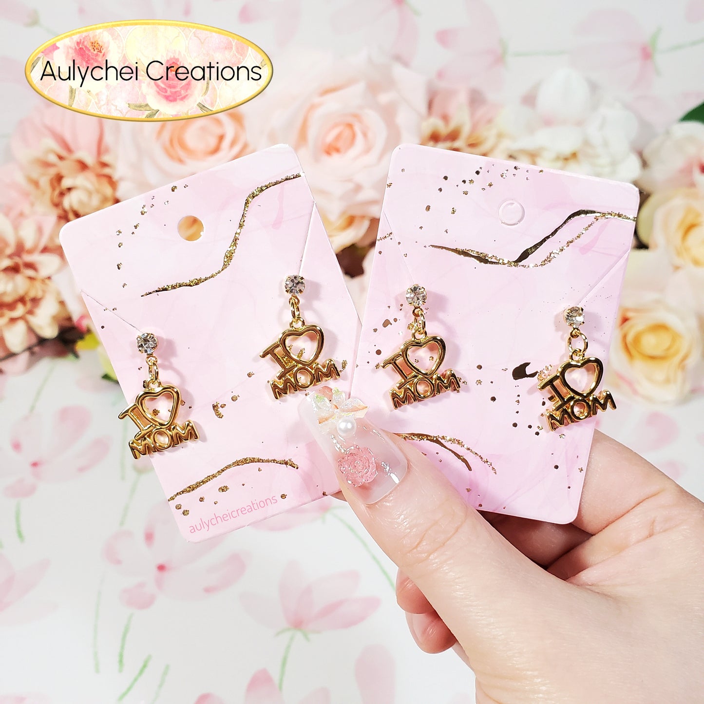 I LOVE MOM 18K Gold-Plated Stud Earrings