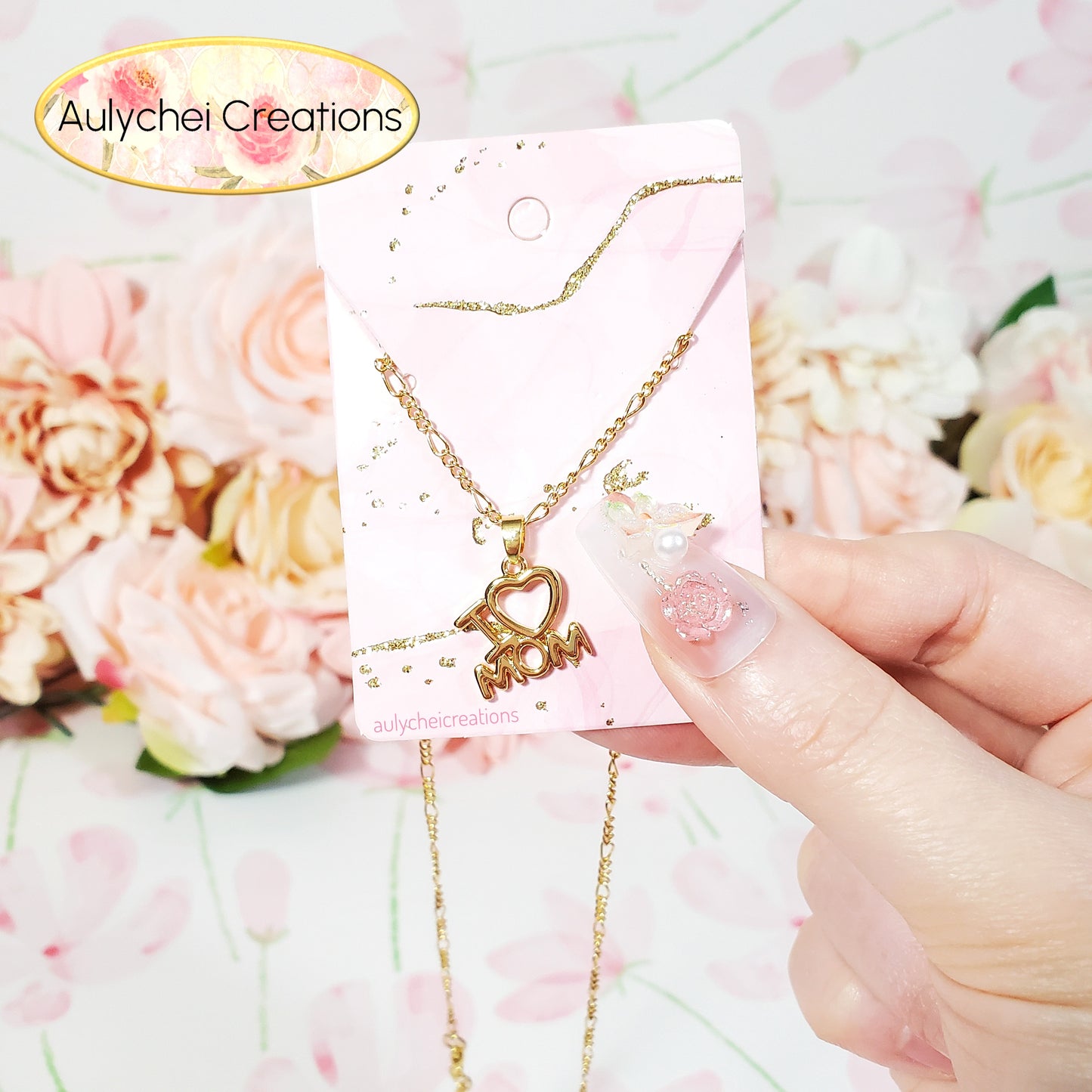 I LOVE MOM 18K Gold-Plated Figaro Chain Pendant Necklace