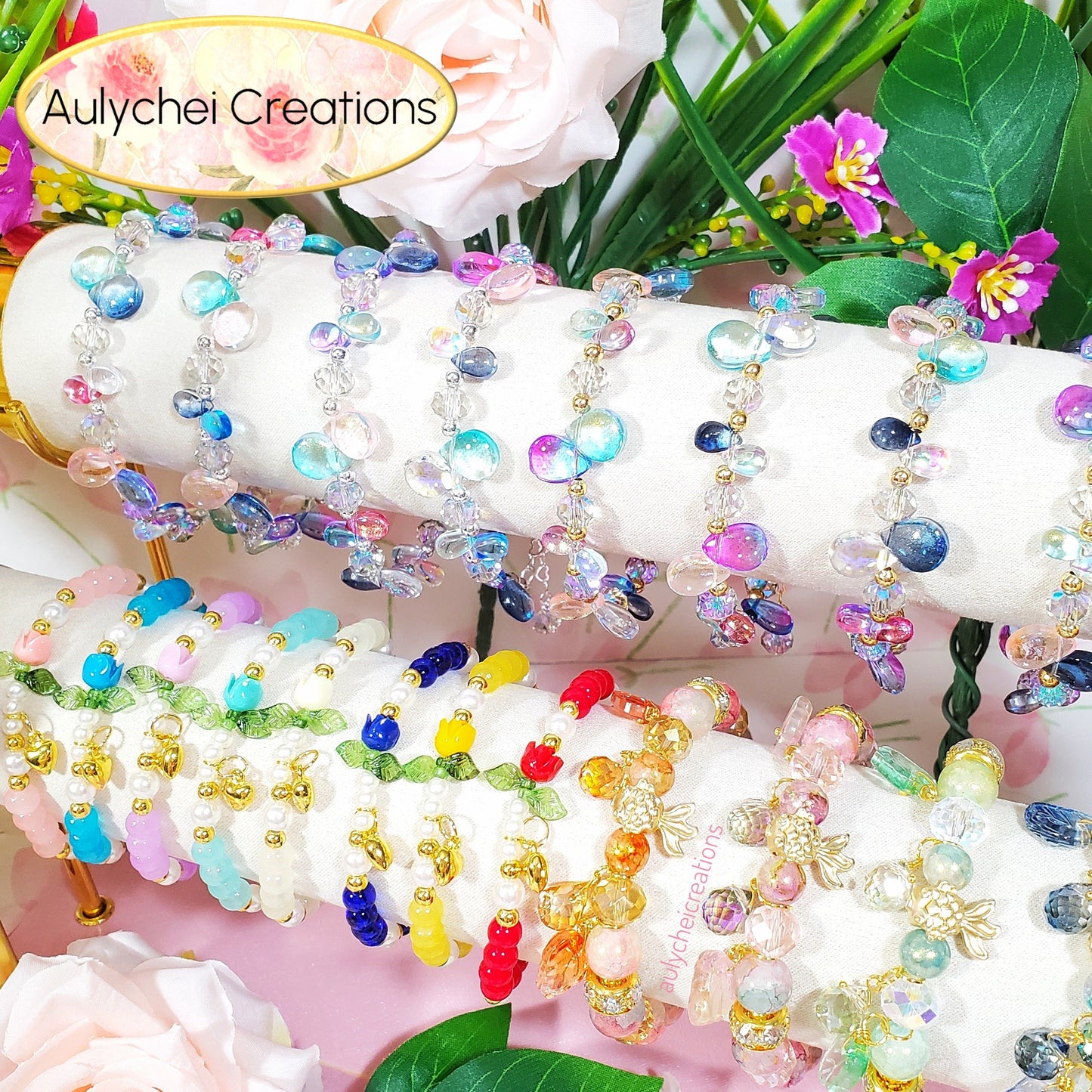 Purple Rose Bud Glass Beaded Charm Bracelet