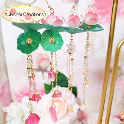 Pink Lotus Flower Dangle Earrings
