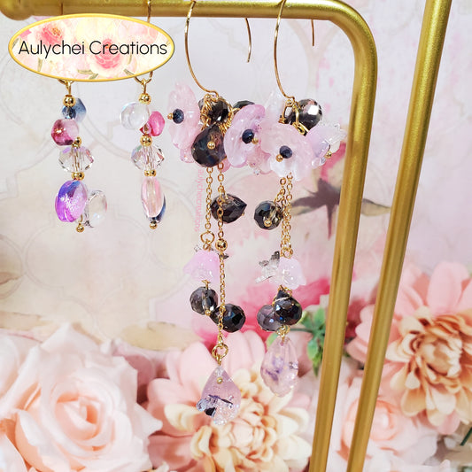 Black & Pink Fairy Glass Flower Dangle Earrings