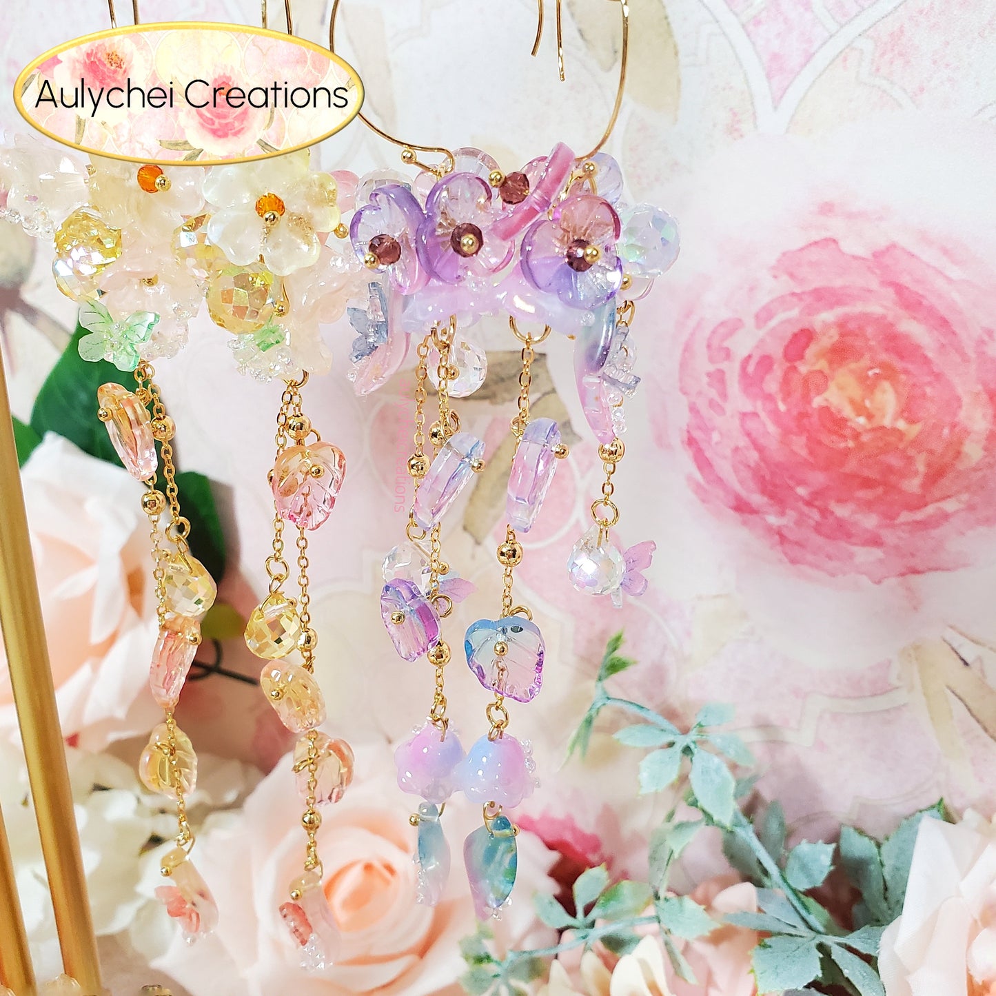 Golden Fairy Glass Flower Dangle Earrings