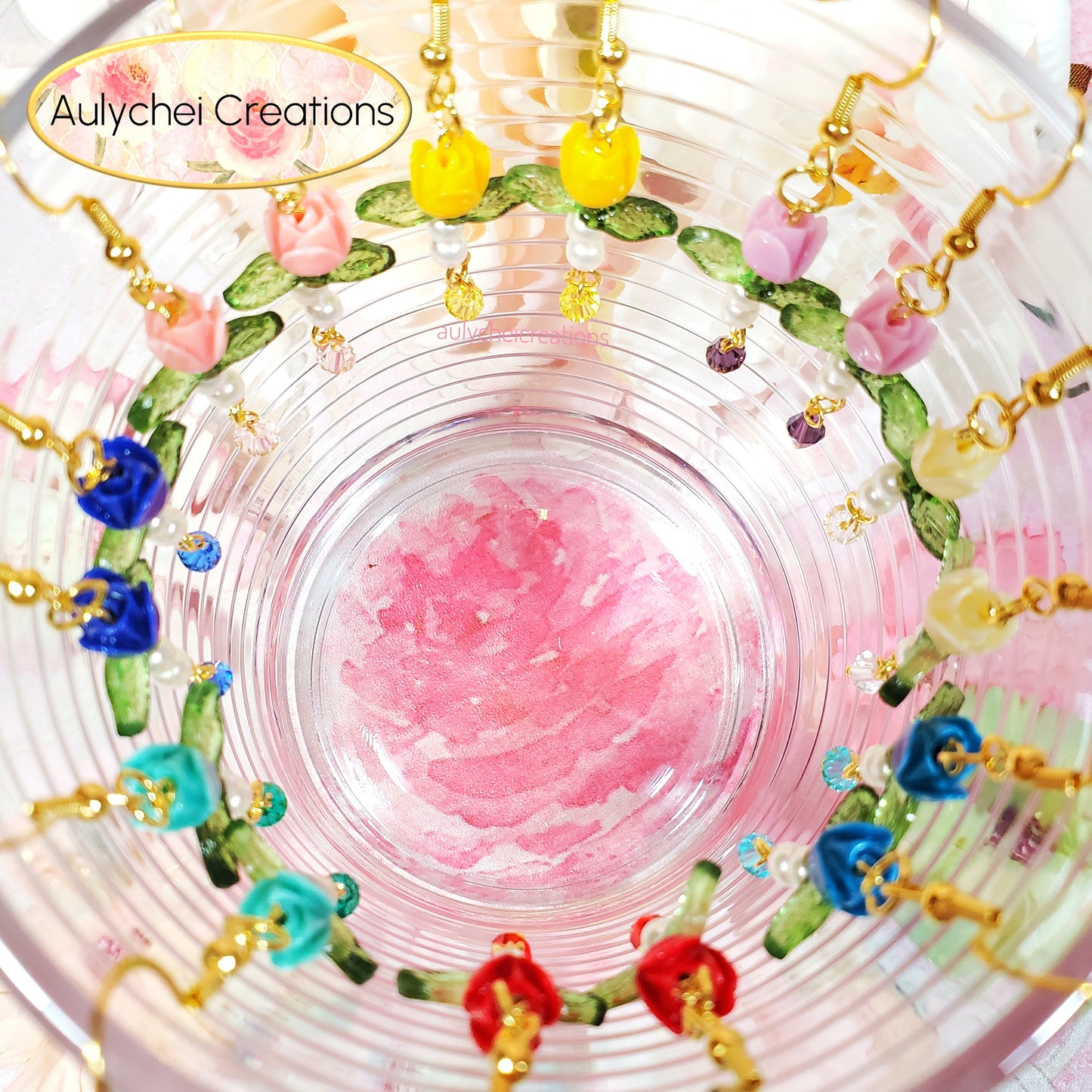 Red Rose Bud Crystal Drop Earrings