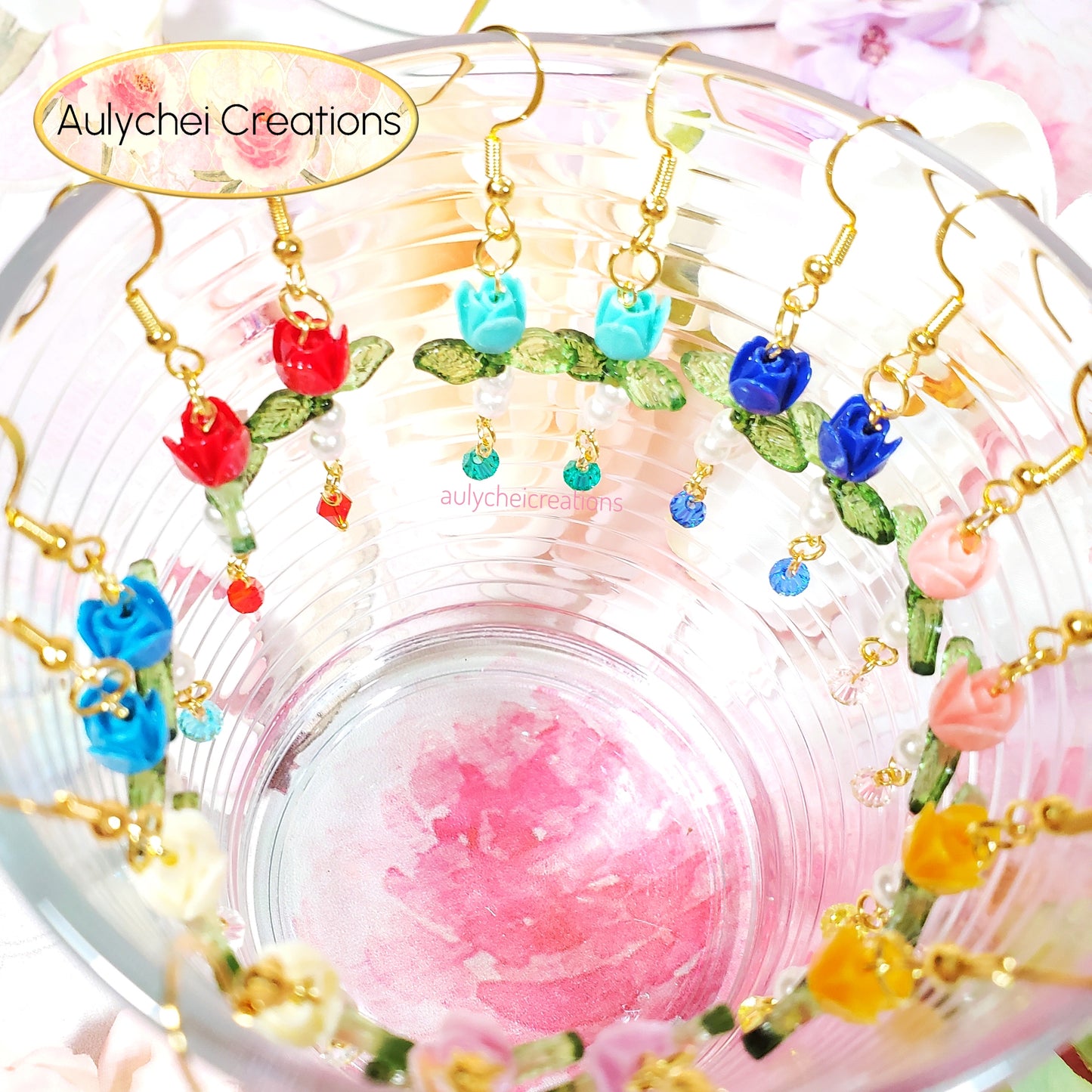 Red Rose Bud Crystal Drop Earrings