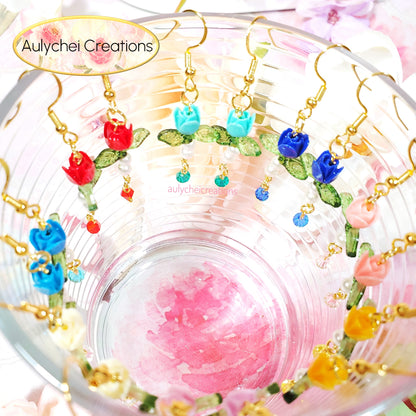 Red Rose Bud Crystal Drop Earrings