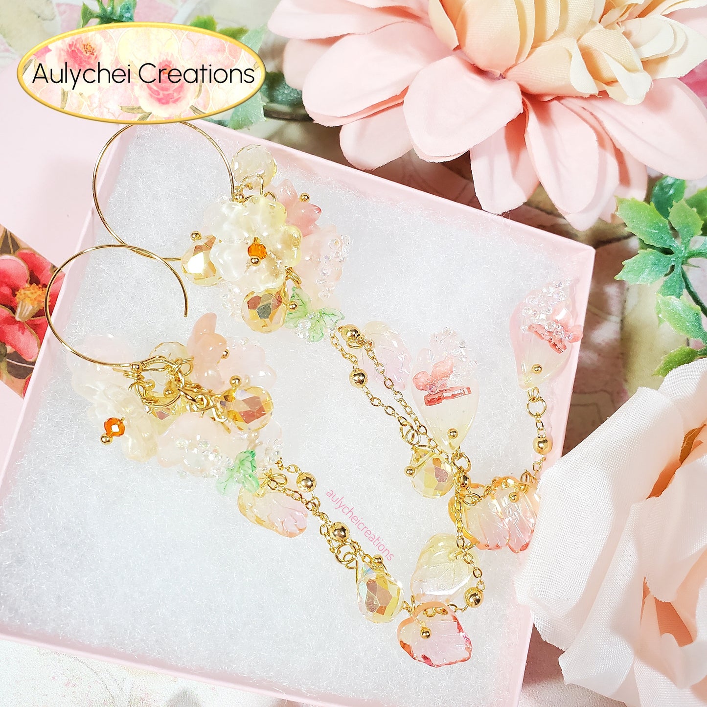 Golden Fairy Glass Flower Dangle Earrings