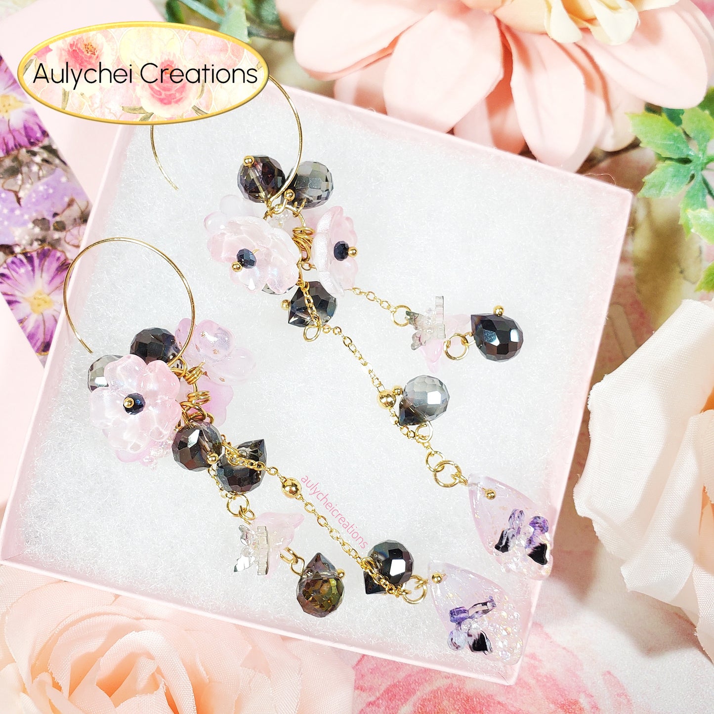 Black & Pink Fairy Glass Flower Dangle Earrings