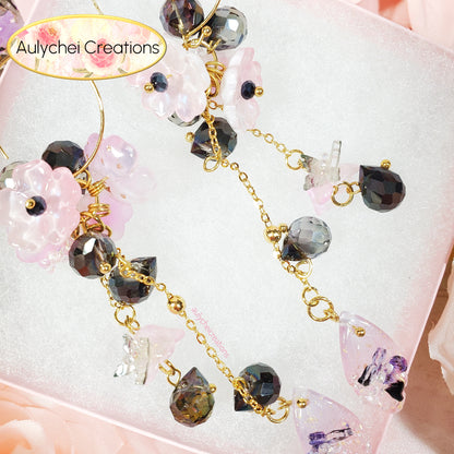 Black & Pink Fairy Glass Flower Dangle Earrings