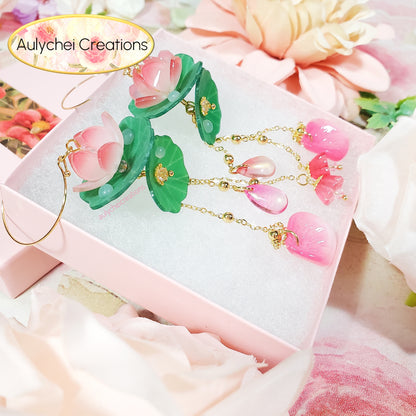 Pink Lotus Flower Dangle Earrings