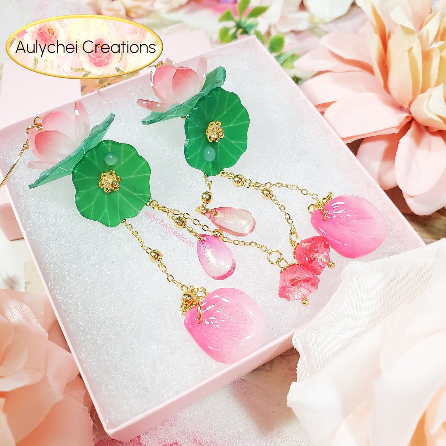 Pink Lotus Flower Dangle Earrings