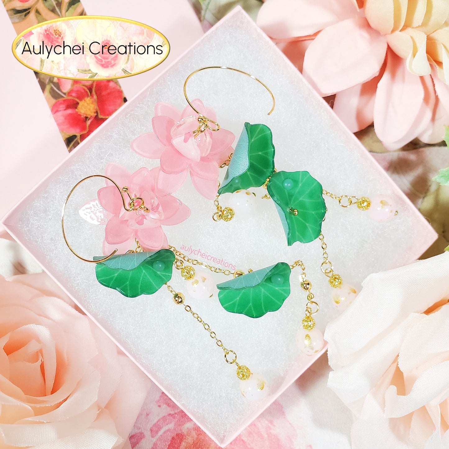 Light Pink Lotus Flower Dangle Earrings